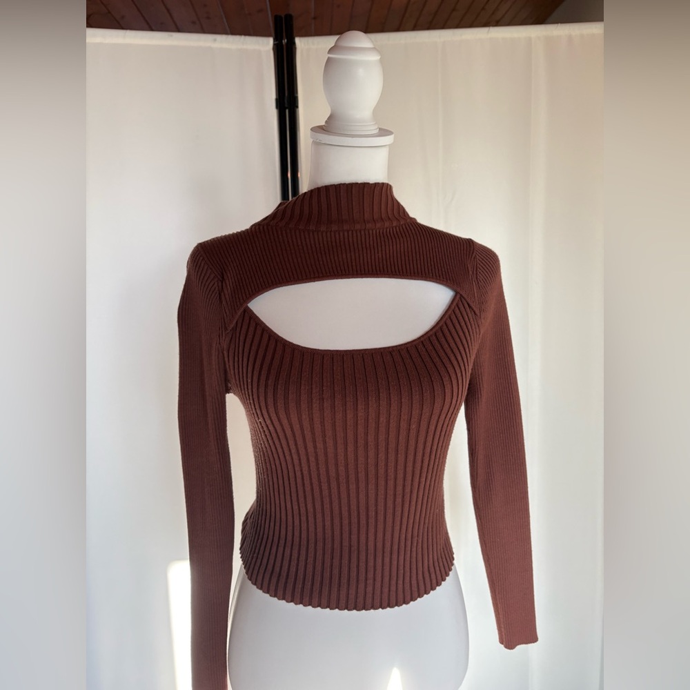 Brown Ribbed Cutout Sweater